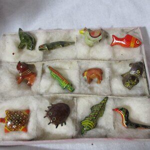 Set 12 Vintage Tiny Mini Handmade Animal Figurine Hand Painted Papier Mache Prim